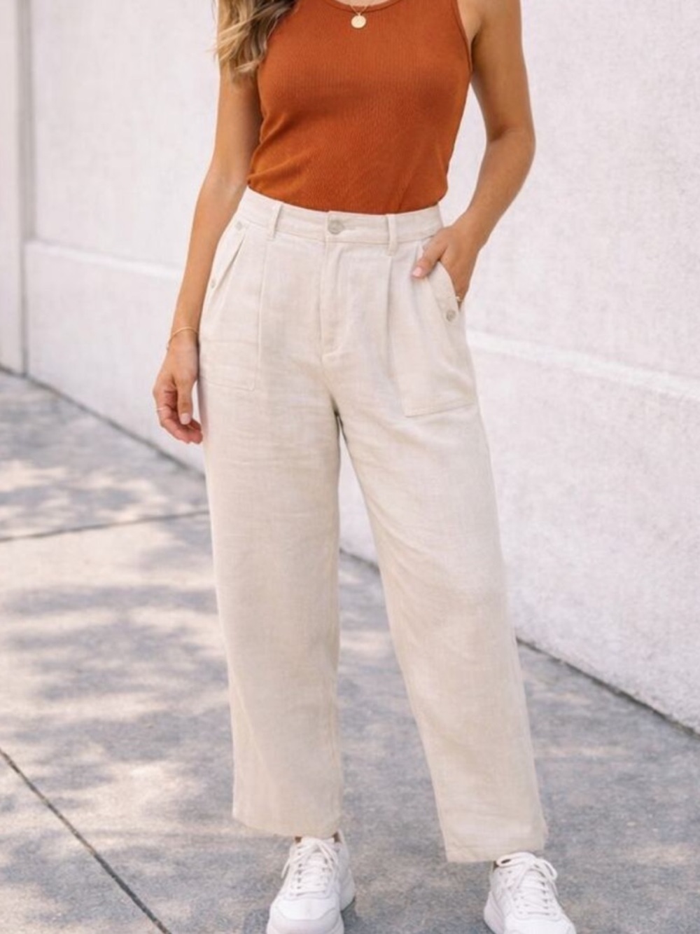 Athleta  Voyager Linen Trousers in a beige 100% linen